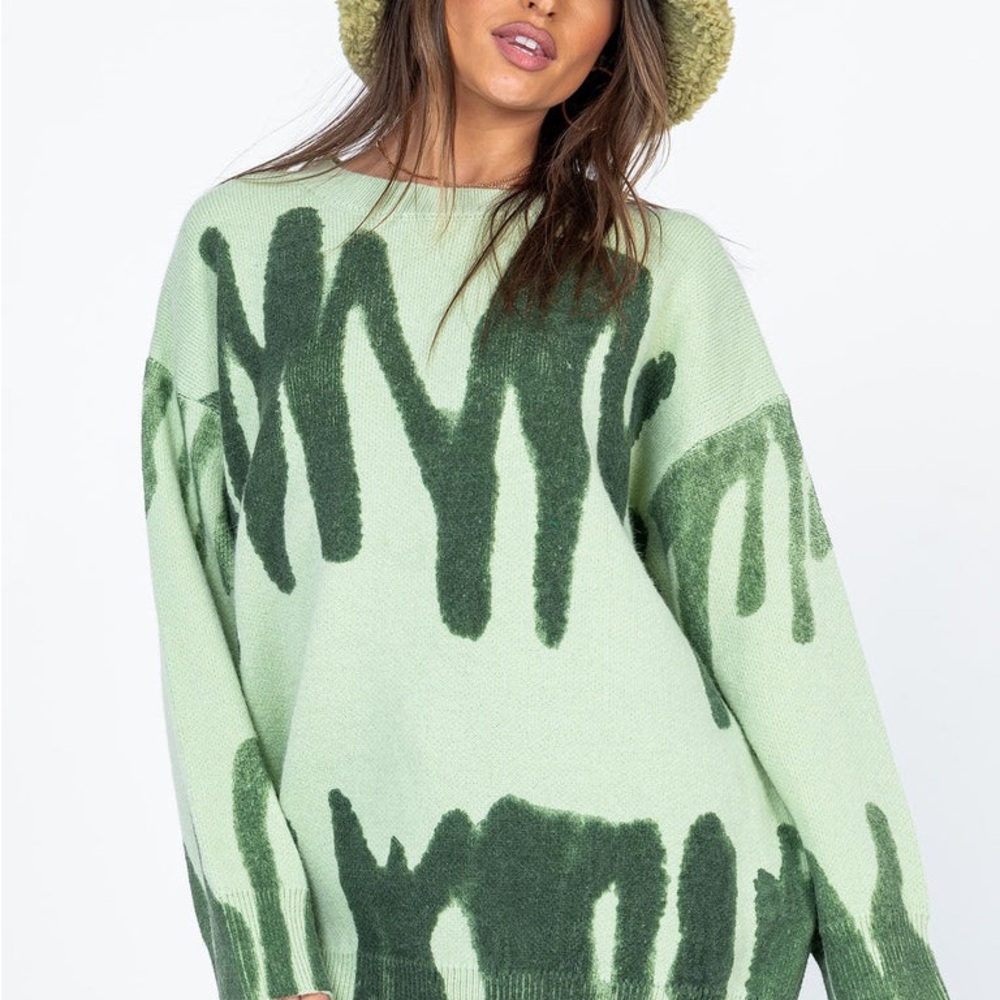Princess Polly Green Crew Neck Sweater with Bold Pattern